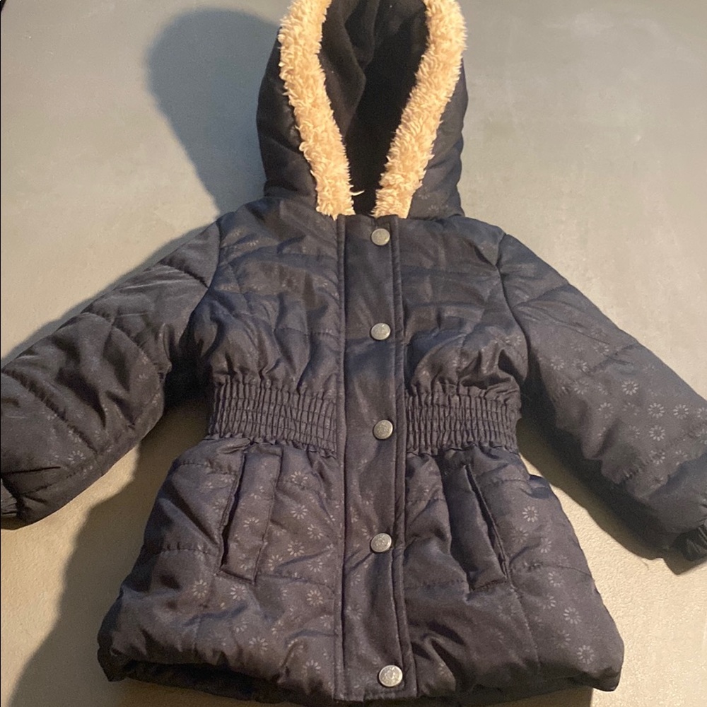 Kids Black Hooded Jacket with Faux Fur Trim